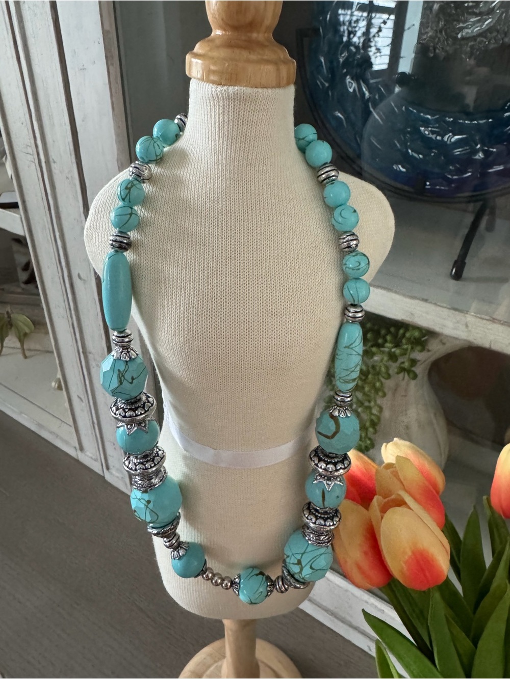 Chunky Turquoise Beaded Women's Necklace - Aquamarine Blue & Silver